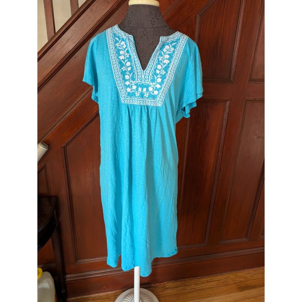 Talbots Blue Embroidered Cotton Tunic Dress L Short Sleeve Boho Style